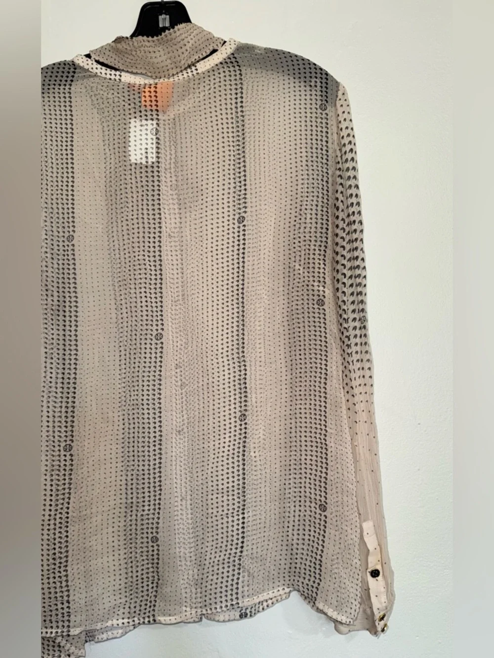 Tory Burch Silk Detachable Scarf Sheer Button-Down in Beige and Black Dot
